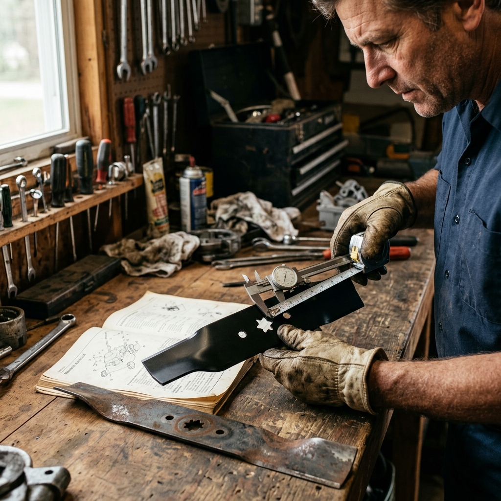 A mower owner compares a 21-inch replacement blade with the mower manual before installation.