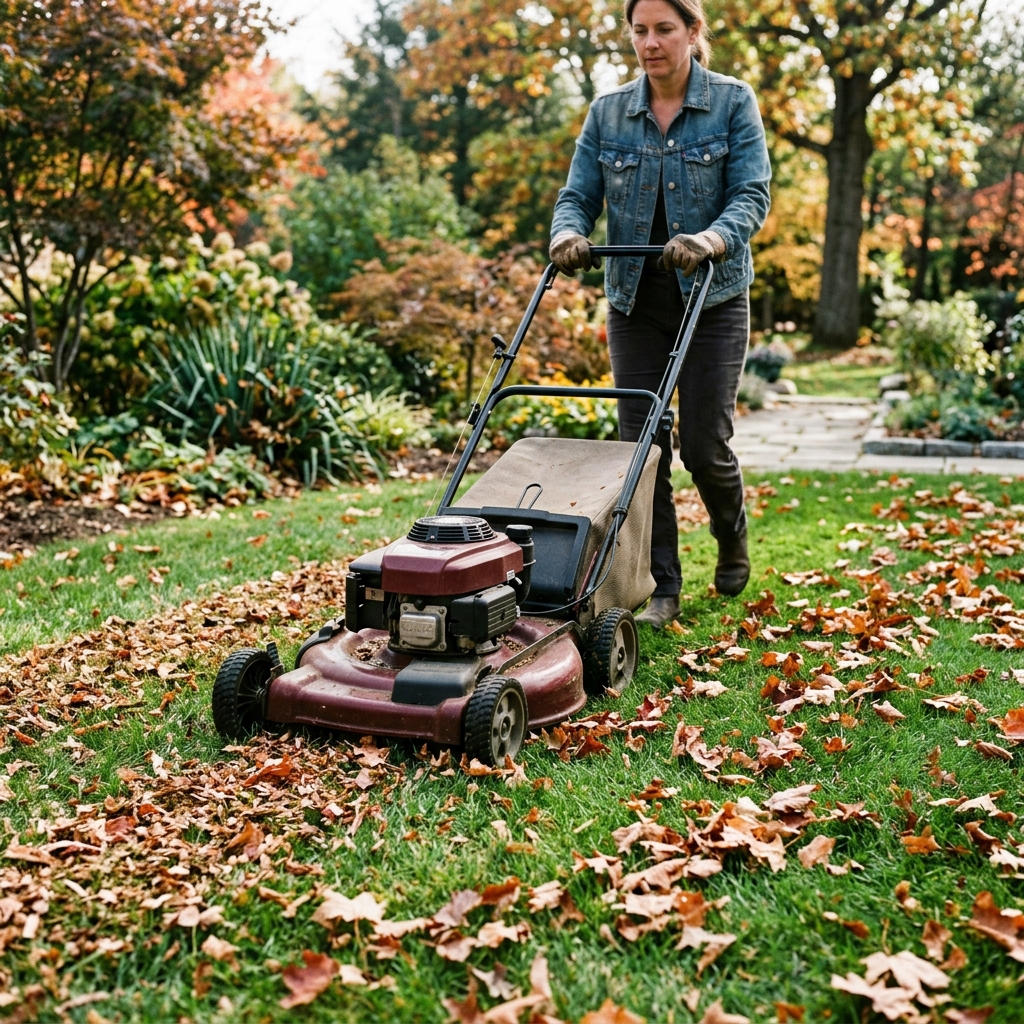 Dry leaves on a lawn are cut in a slow second pass with a compatible rotary mower.