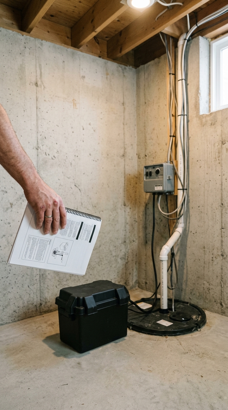 A battery backup sump pump controller beside a clean sealed deep-cycle battery in a dry basement.