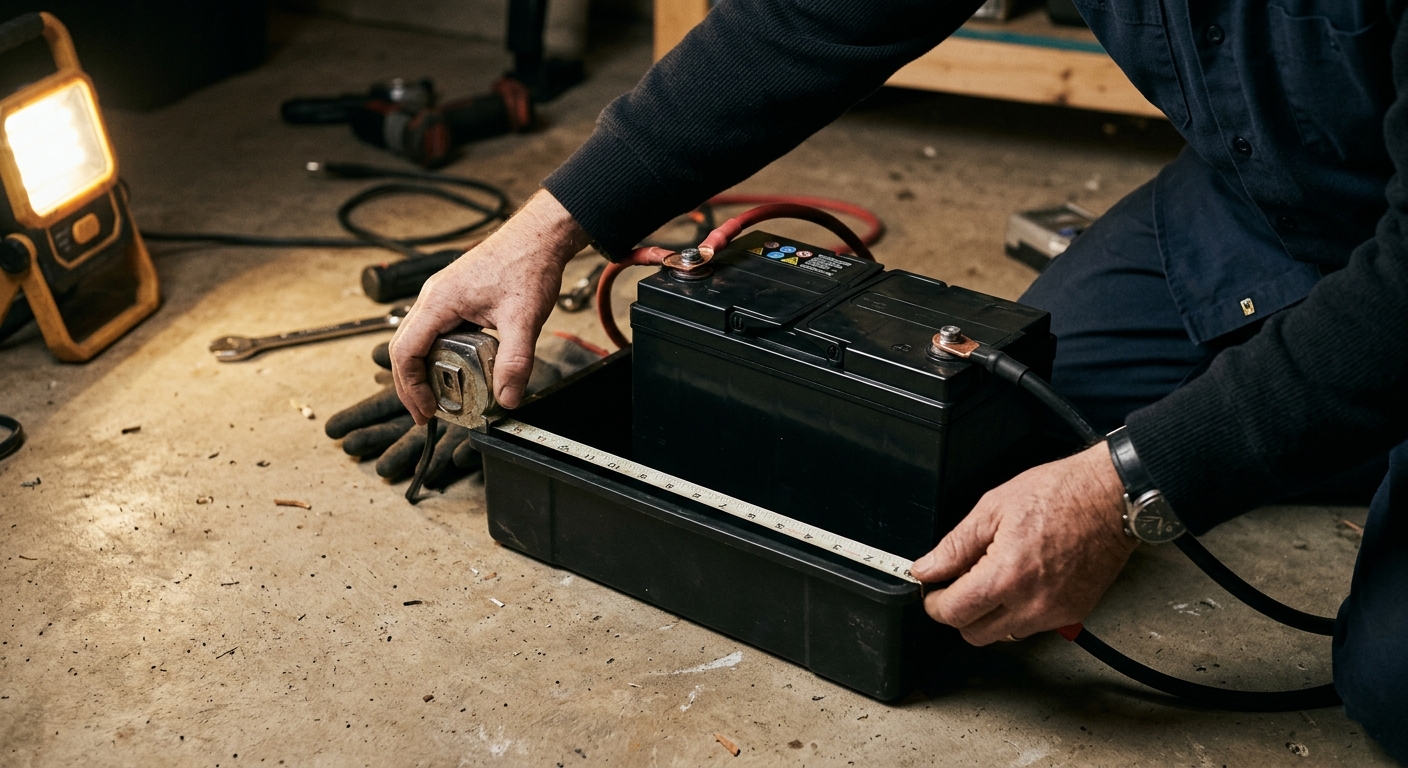 A homeowner checks the Group 31 battery tray and ring terminals before connecting a sealed AGM battery.