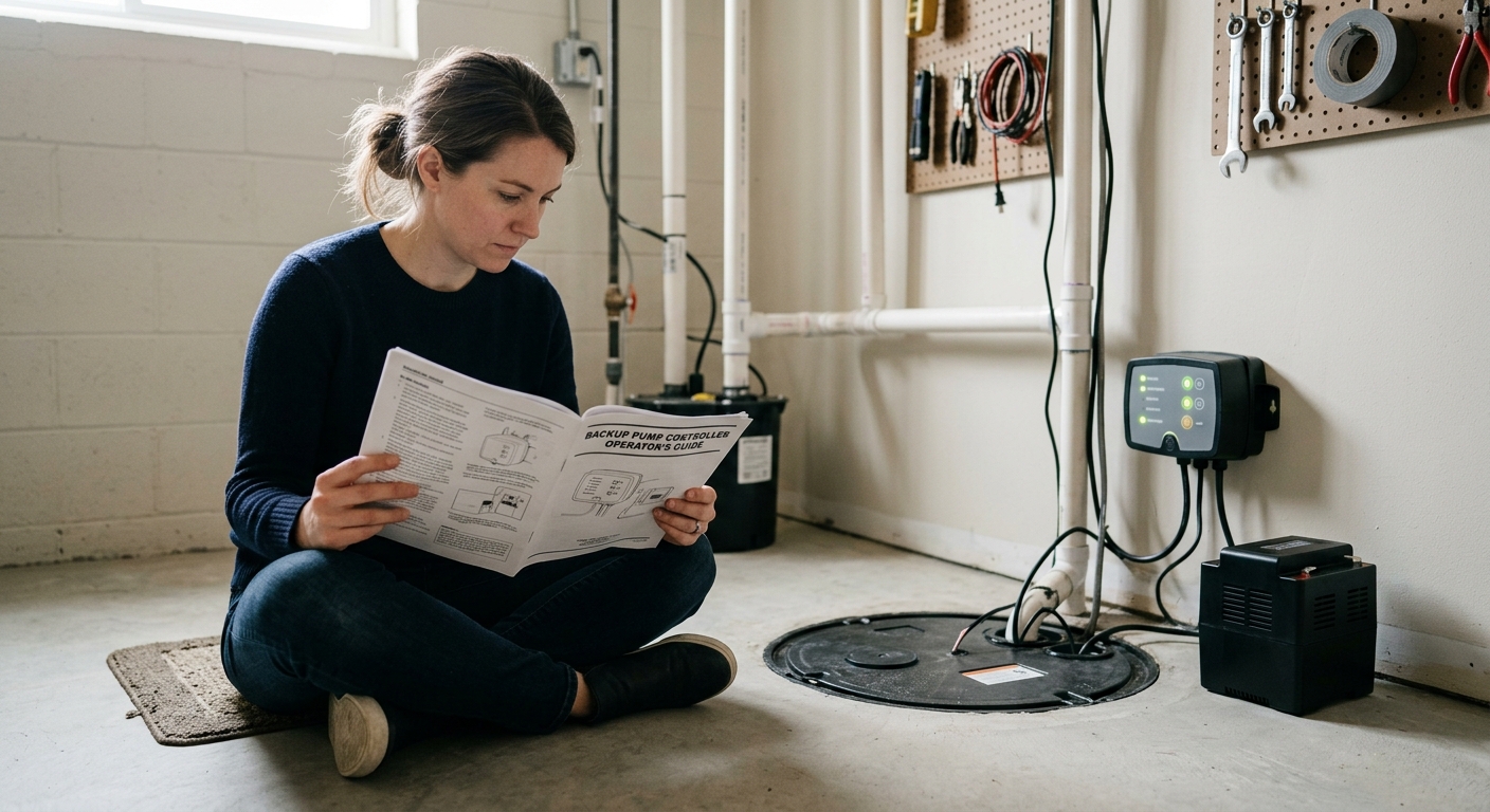 A homeowner reads a sump pump backup controller manual before choosing a lithium battery.
