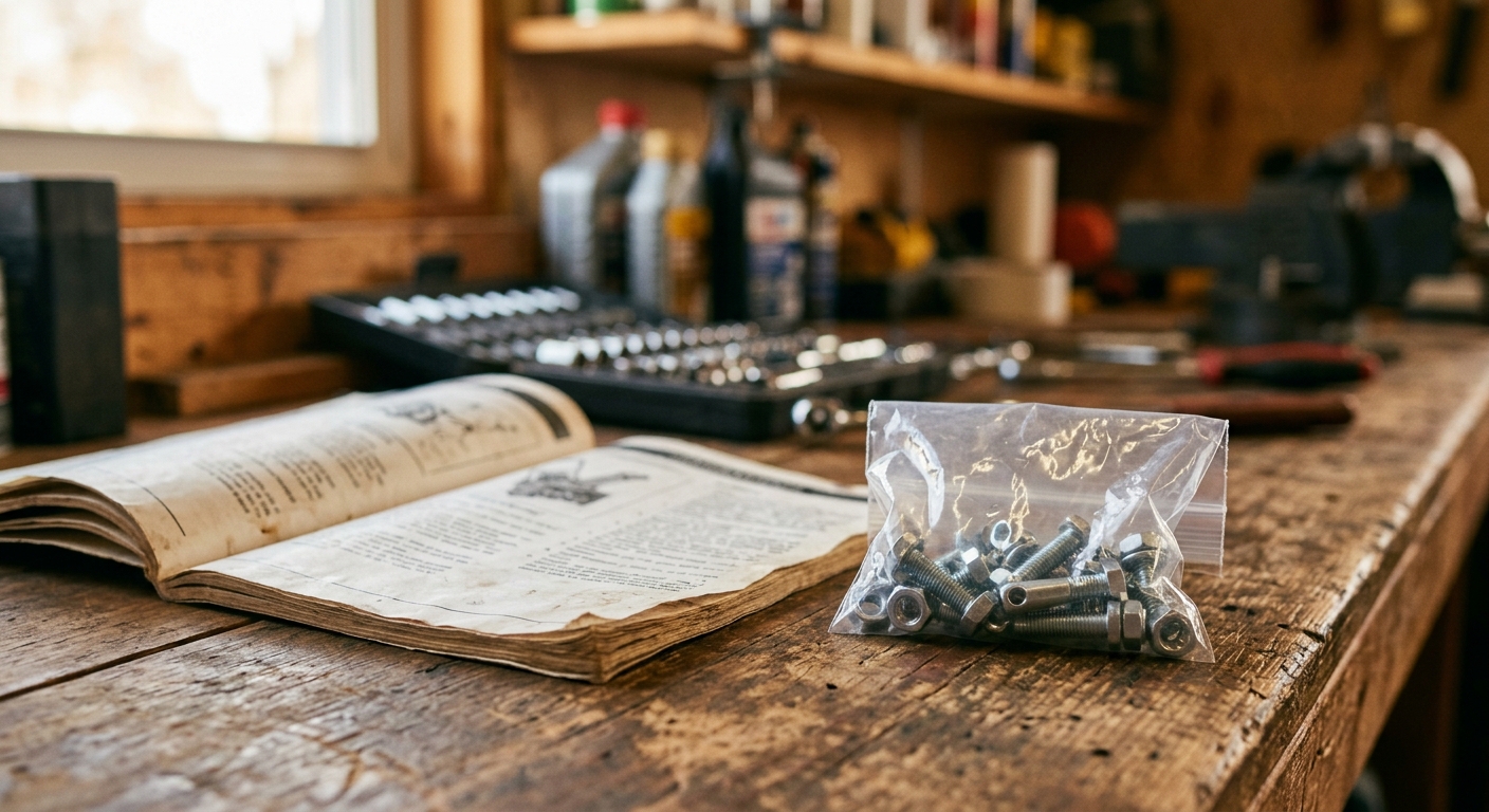 A labeled bag of correct shear bolts and nuts beside a snow blower manual.