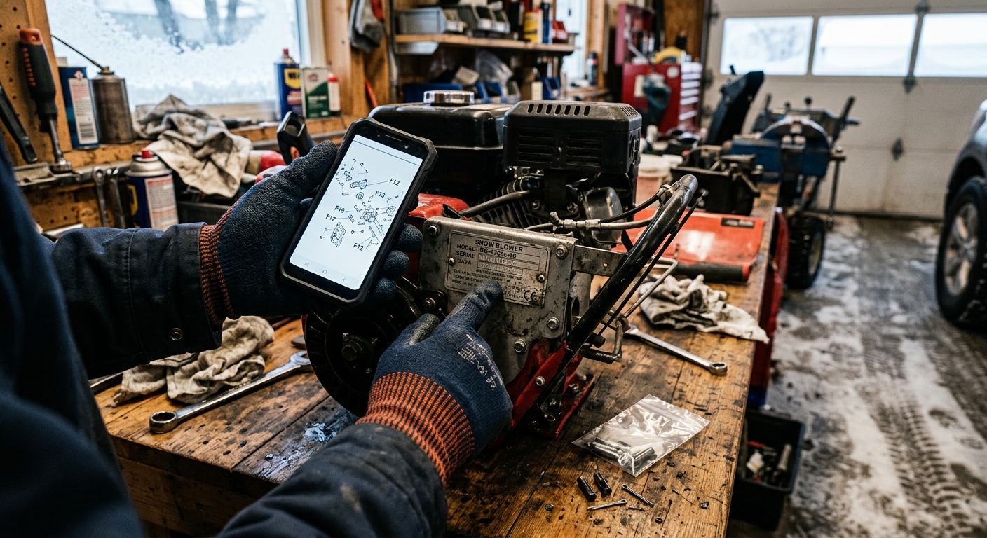 A homeowner compares a snow blower model number against a parts diagram before installing a shear pin.