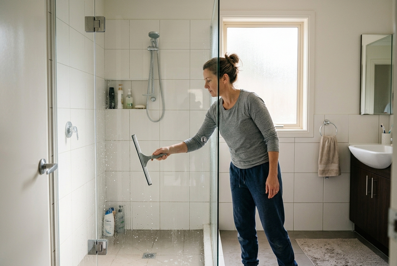 Using a squeegee to wipe down a glass shower door right after a shower to prevent new water spots