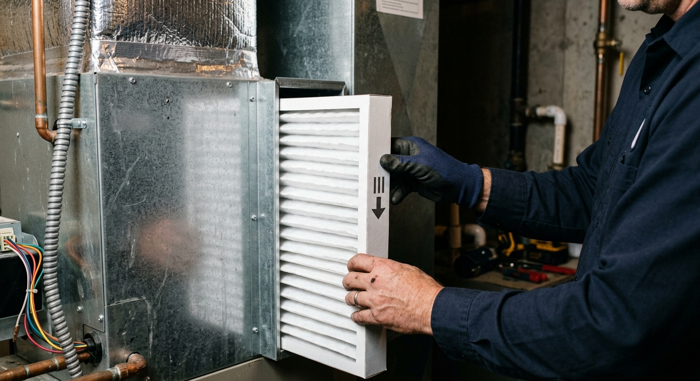 A new pleated HVAC filter is installed with its airflow arrow facing an air handler.
