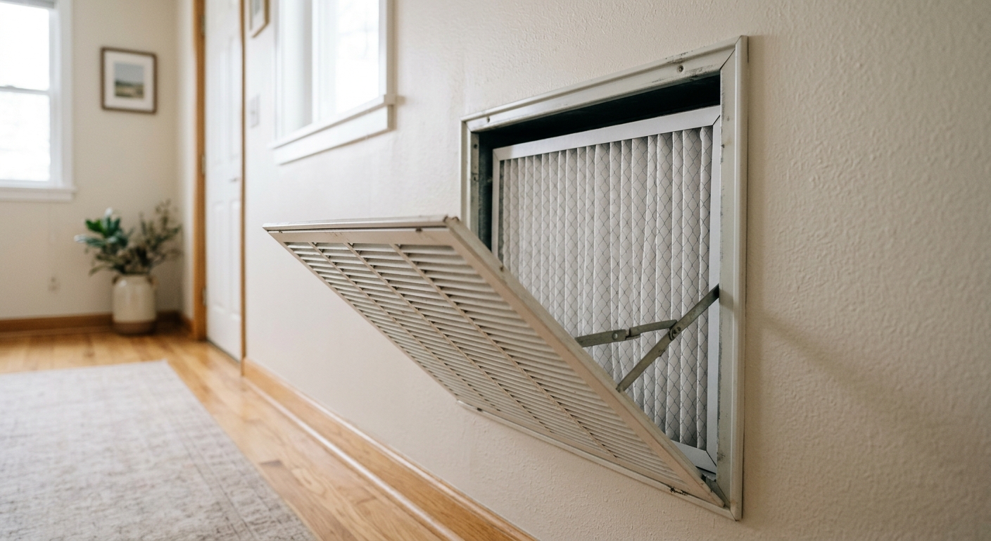 A return-air grille is opened to reveal a correctly positioned air filter.