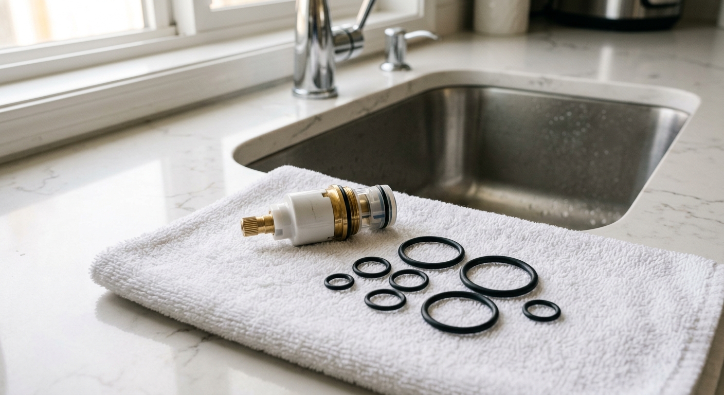 A faucet cartridge and labeled replacement O-rings rest on a towel beside a sink.
