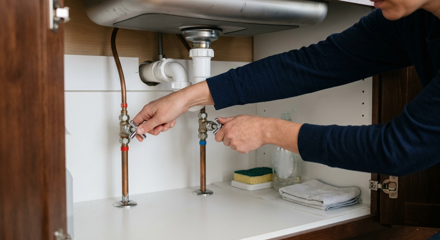 A homeowner turns off two under-sink faucet shutoff valves before repair.