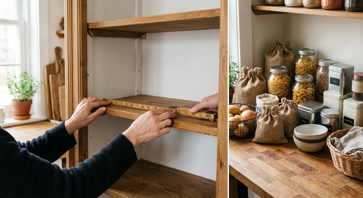 A small pantry is emptied onto a counter while shelf depth is measured with a tape measure.