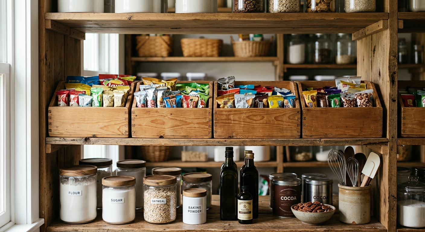 Open labeled bins organize snack packets at eye level in a compact pantry.