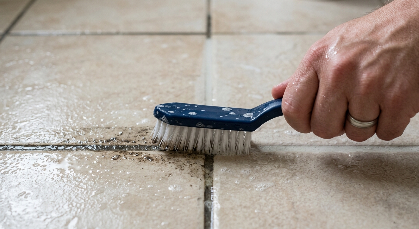 A nylon grout brush cleans a small tested section of bathroom tile grout.
