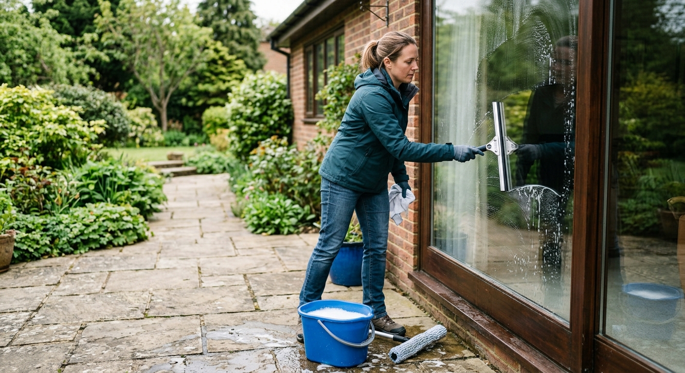 A homeowner cleans an exterior ground-level window with a squeegee while standing safely on a patio.