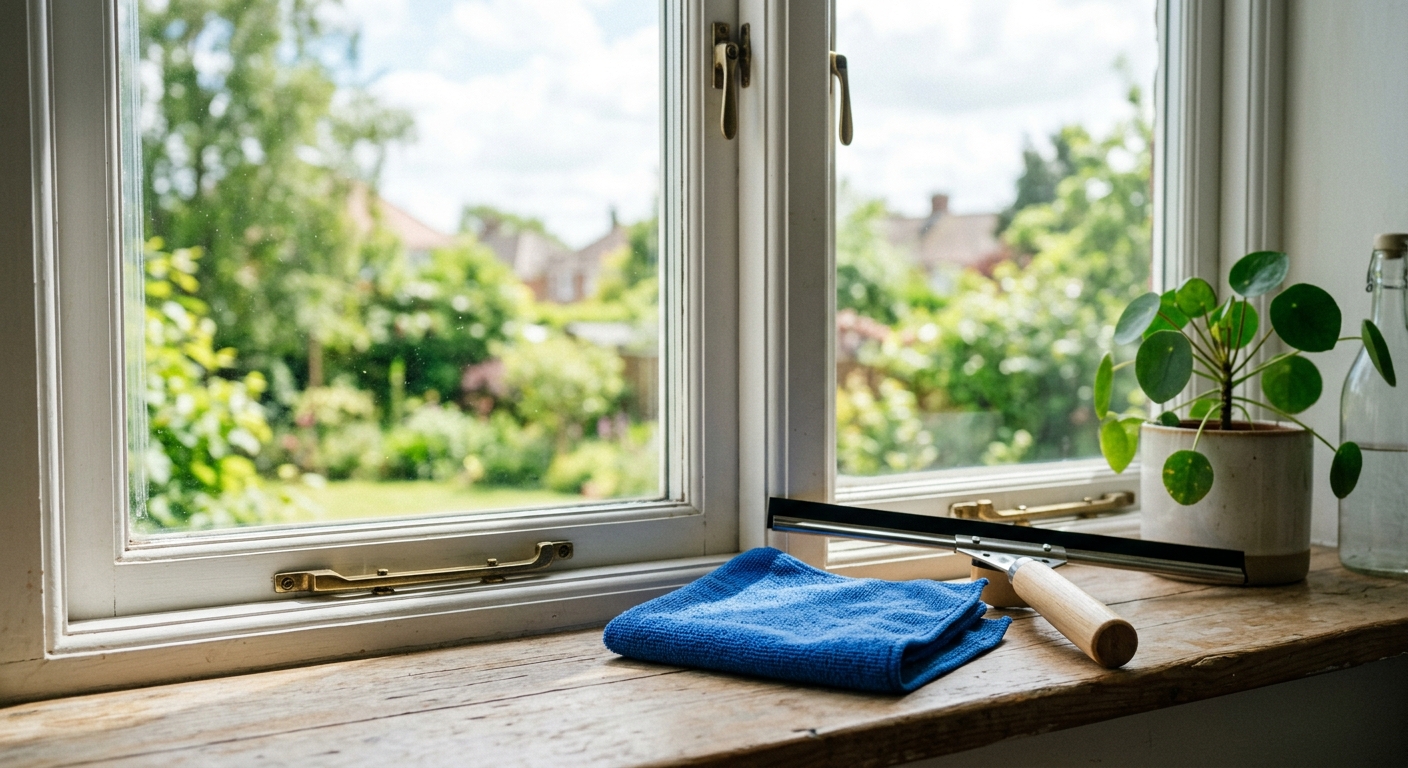 A clean microfiber cloth and window squeegee rest beside a bright interior window.